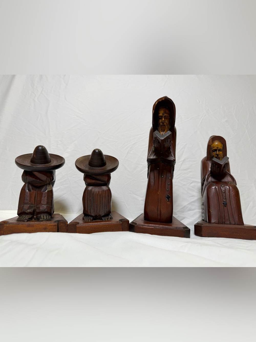 Vintage House of Oppenheim Mahogany Bookends Set of 4 Monks Siesta Folk Art